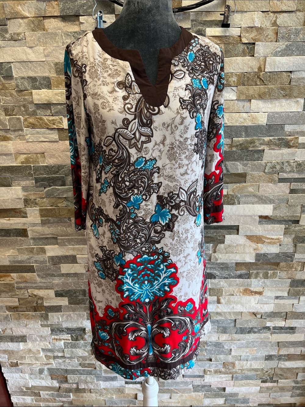Floral Scroll Print Tunic Dress in Red, Turquoise & Brown